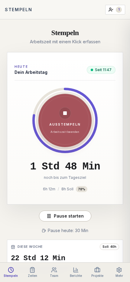 Mobile Stempeluhr von Quoska mit Tagesfortschritt und Pause
