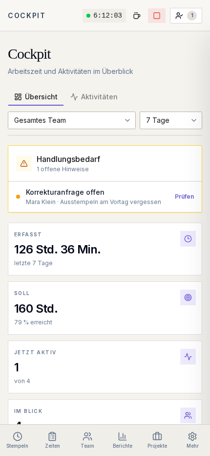 Quoska Cockpit auf dem Smartphone mit offenen Aufgaben und Kennzahlen